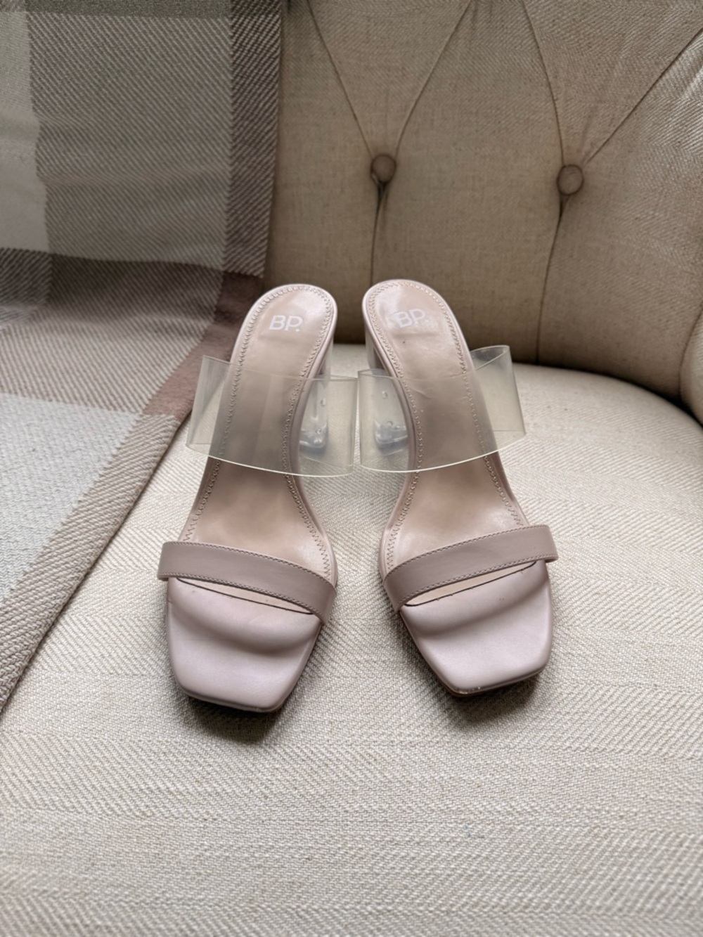 BP. Nude Clear Heel Mule Sandals | Lucite Block Heel | Size 9